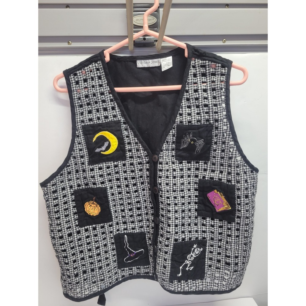 Victoria‎ Jones Womens Halloween Vest Applique Black White Gingham Checkered